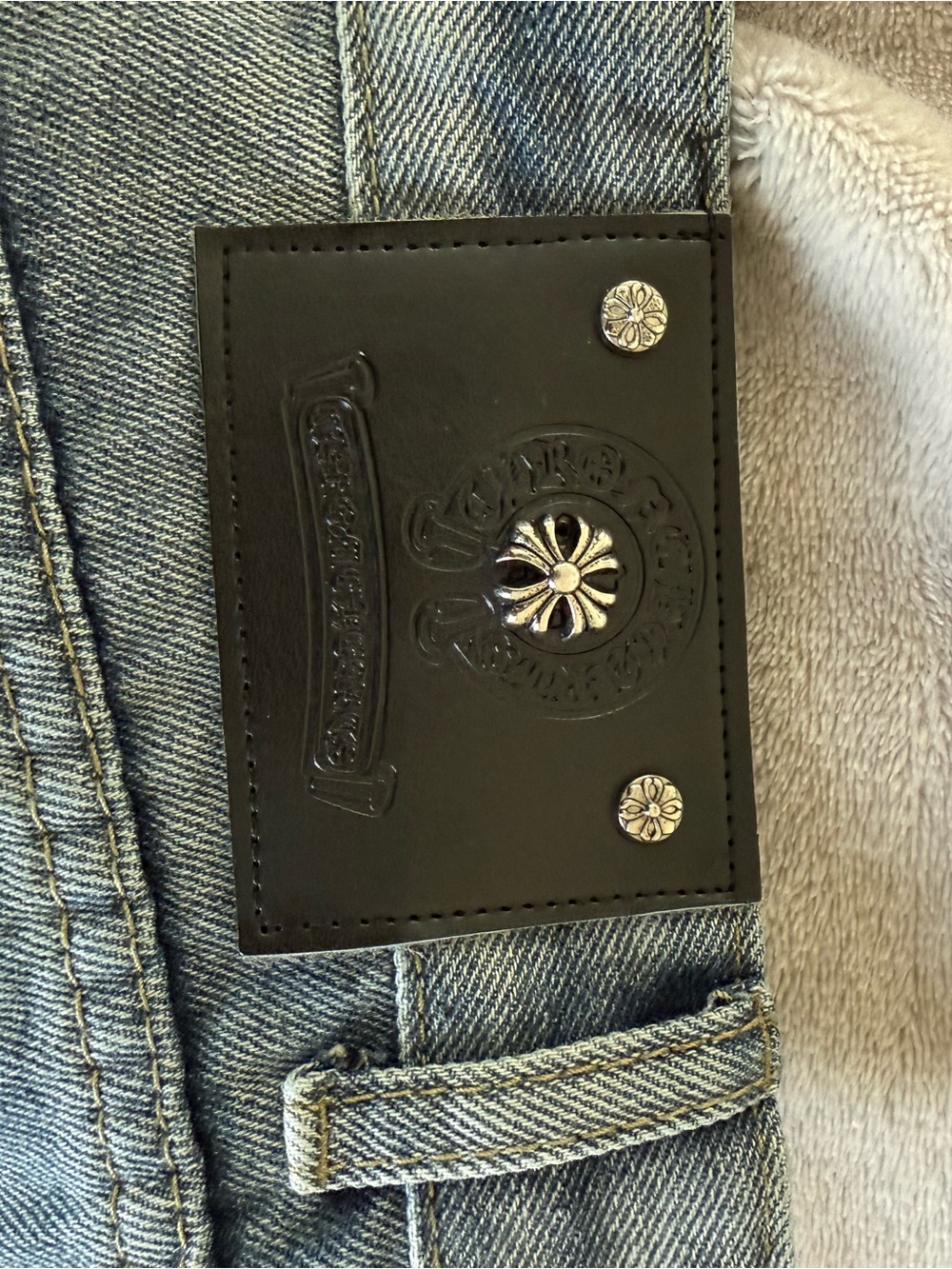 Chrome Hearts Light Blue Denim Jeans with Black Cross Patches - Picture 3 of 4